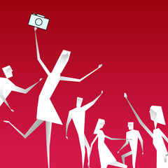 Abstract girl is holding camera in modern paper flat style. Concept for design branding, advertisement, cover, poster, background. Cartoon vector illustration.