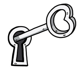 key and keyhole / cartoon vector and illustration, hand drawn style, grayscale, isolated on white background.
