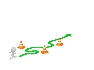 3D Character with Curved Arrow and Obstacles