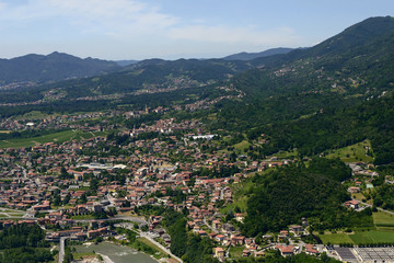 Fototapeta na wymiar Almenno san Salvatore aerial from east, Italy