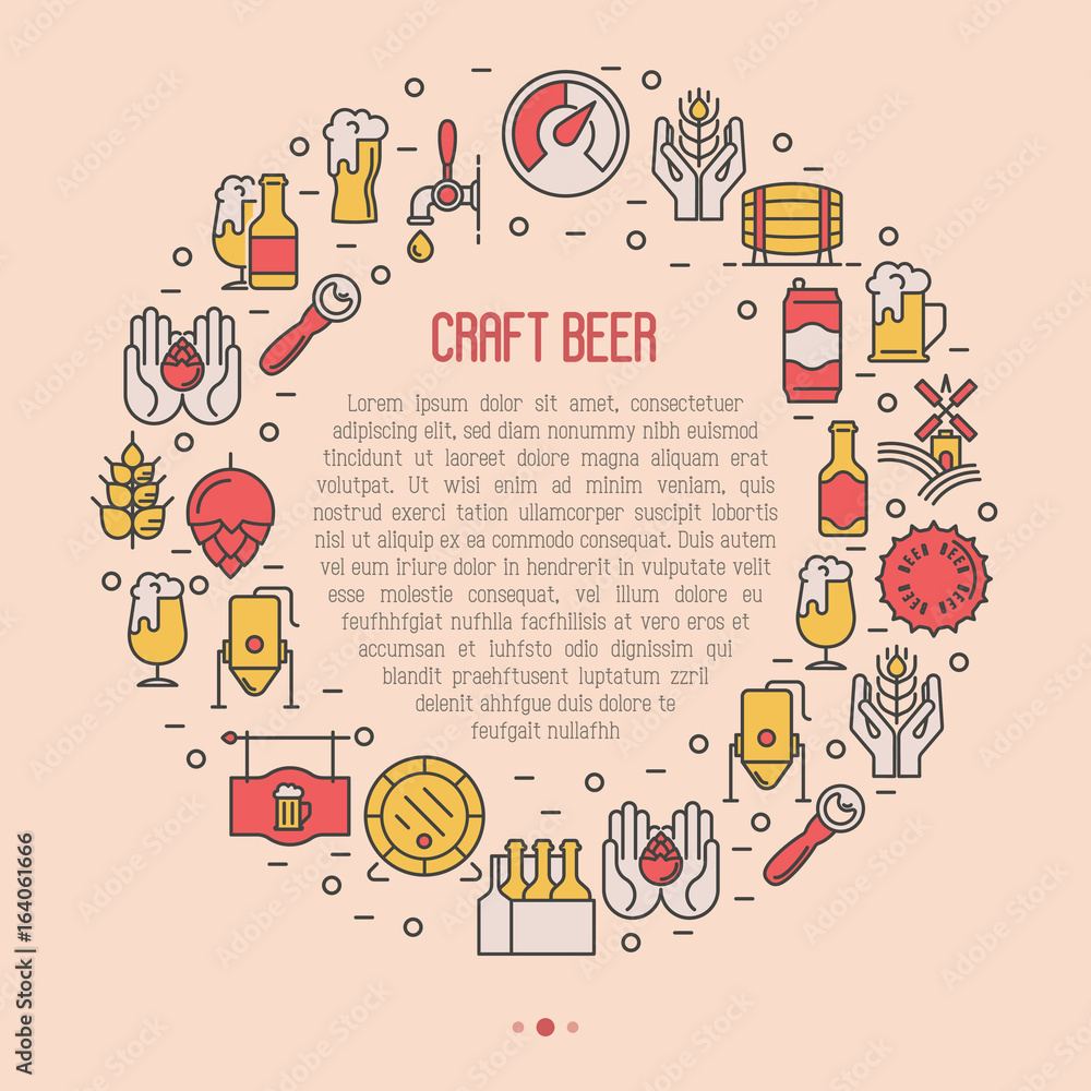 Poster craft beer concept in circle with thin line icons and place for text inside. template for invitation