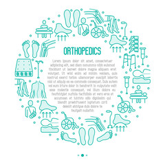 Orthopedic and trauma rehabilitation concept in circle with thin line icons for web page or banner of clinics and medical centers. Vector illustration.