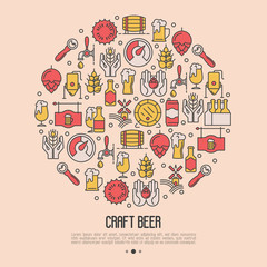 Craft beer concept in circle with thin line icons. Template for invitation, banner, web page, print media. Modern vector illustration for brewery and beer October festival.