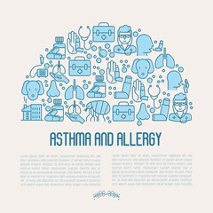 Asthma and allergy concept for web page, banner of clinic, contains thin line icons with allergy symptoms and the most common allergens. Asthma inhaler. Vector illustration.
