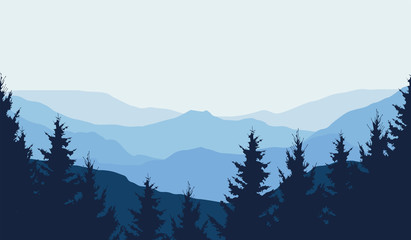 Panoramic view of winter mountain landscape with forest and with space for text, vector illustration