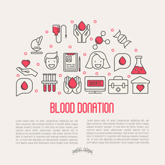 Blood donation concept for web page, banner, print media with thin line icons. World blood donor day. Vector illustration.