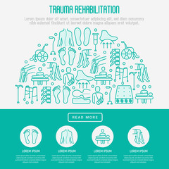 Orthopedic and trauma rehabilitation concept with thin line icons for web page or banner of clinics and medical centers. Vector illustration.