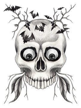 Art surreal skull.Hand pencil drawing on paper.