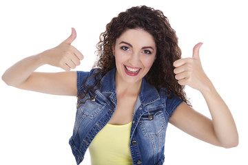 All is well. Beautiful Caucasian woman. She makes a gesture with his hand. Emotionally smiling,...