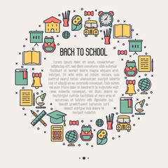Back to school concept in circle with thin line icons: school bus, globe, books, backpack, owl, bell, chalkboard. Vector illustration for banner, template of web page, print media.