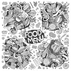 Fast food doodles hand drawn sketchy vector symbols