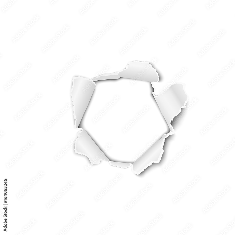 Poster vector torn paper with curled edges and hole in the center, soft shadow and space for text. damaged 