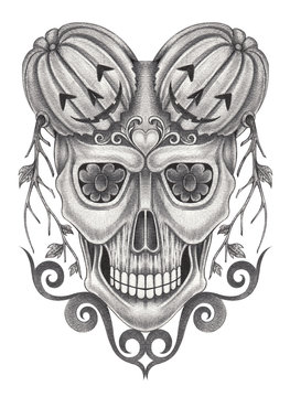 Art surreal skull tattoo.Hand pencil drawing on paper.