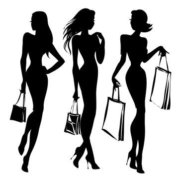 Black and white retro fashion model silhouette. Shopping girl with packs hand drawn vector illustration