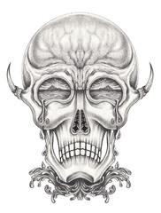 Art surreal skull tattoo.Hand pencil drawing on paper.