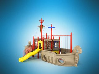 Playground for children ship red yellow blue 3d rendering on blue background