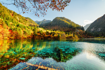 Amazing view of the Five Flower Lake among beautiful mountains