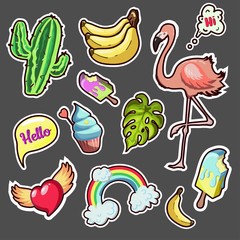 Set of stickers with candy, flamingos, tropical leaves and others.