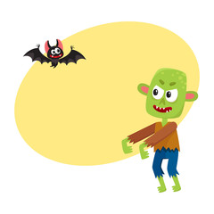 Halloween monsters - green zombie and vampire bat, cartoon vector illustration with space for text. Green monster, zombie and vampire bat, traditional Halloween symbol
