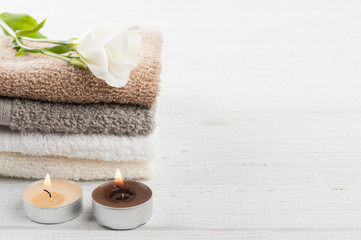 Set of bathroom accessory on wooden background