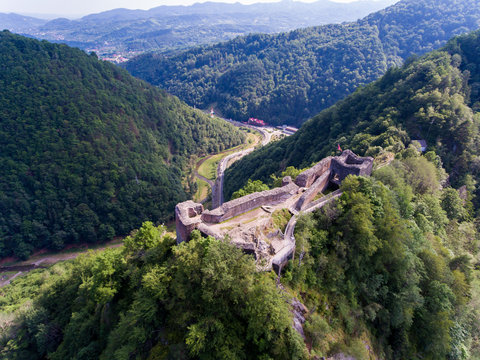 Aerial view of Fortress Poenari near Arefu, Arges County, Romania