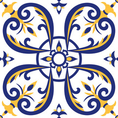Portuguese tiles pattern vector with blue, yellow and white ornaments. Portugal azulejo, mexican talavera, italian, delft dutch or spanish motifs. Tiled floor background for ceramic or fabric design.