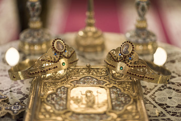 Inside views of a church, at wedding time; romanian style