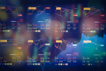 Stock market digital graph chart on LED display concept. A large display of daily stock market price and quotation. Indicator financial forex trade education background.