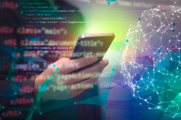 businessman working from home using smart phone and tablet, man at his workplace using technology, flare light and Stock market digital graph chart on LED display