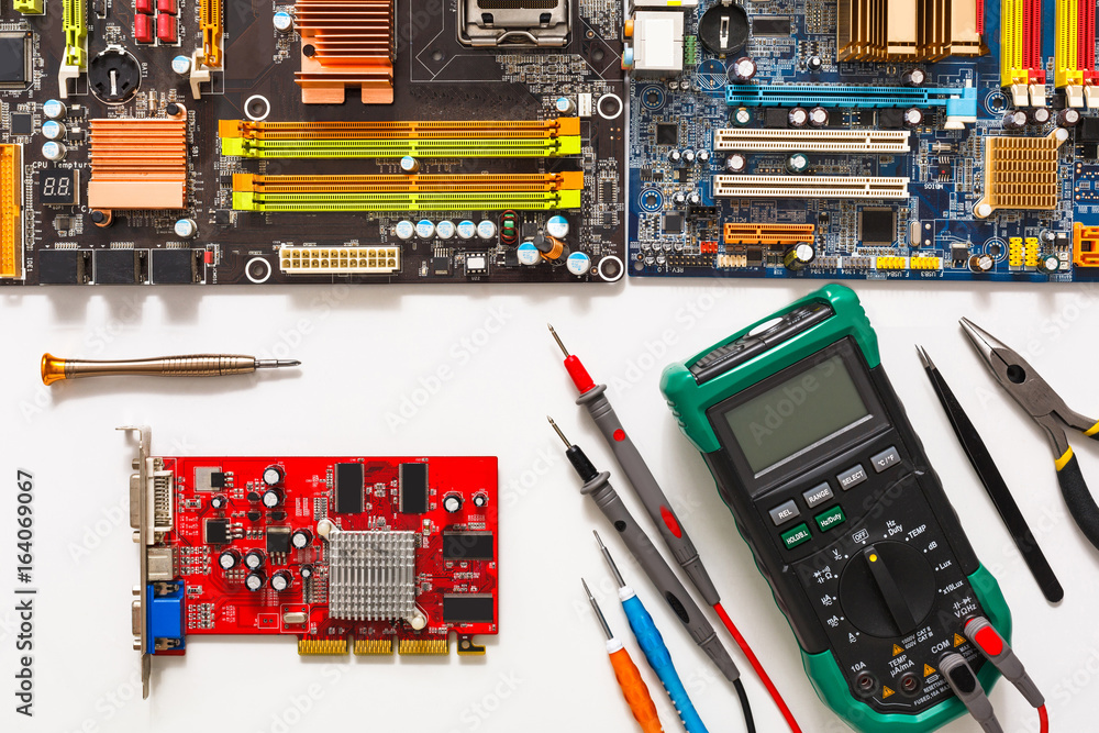 Poster repair and upgrade of computer top view, motherboard