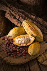 Cacao fruit, raw cacao beans, Cocoa pod on wooden background © kaiskynet