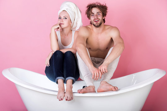 happy couple in love of man and woman on bathtub