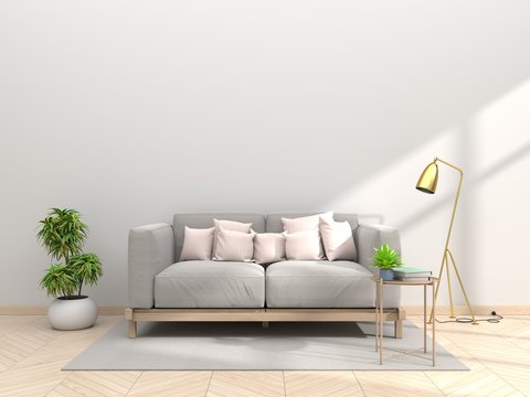 Design living room with sofa pillow pink paste with lamps and white walls