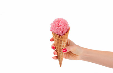 Hand holding strawberry ice cream cone on white background