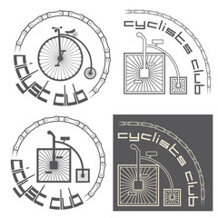 An illustration consisting of four images in the form of an old bicycle