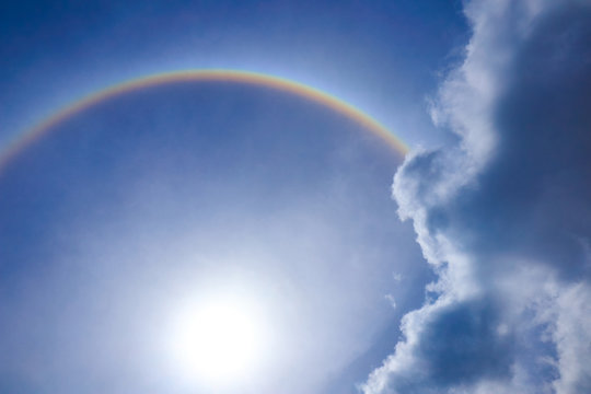 Fantastic corona ring of sun beautiful sun halo  with circular rainbow. Copy space for your text.Thailand