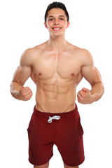 Fototapeta premium Junger Mann stark Stärke Kraft Power muskulös Bodybuilder Bodybuilding Muskeln jung Freisteller