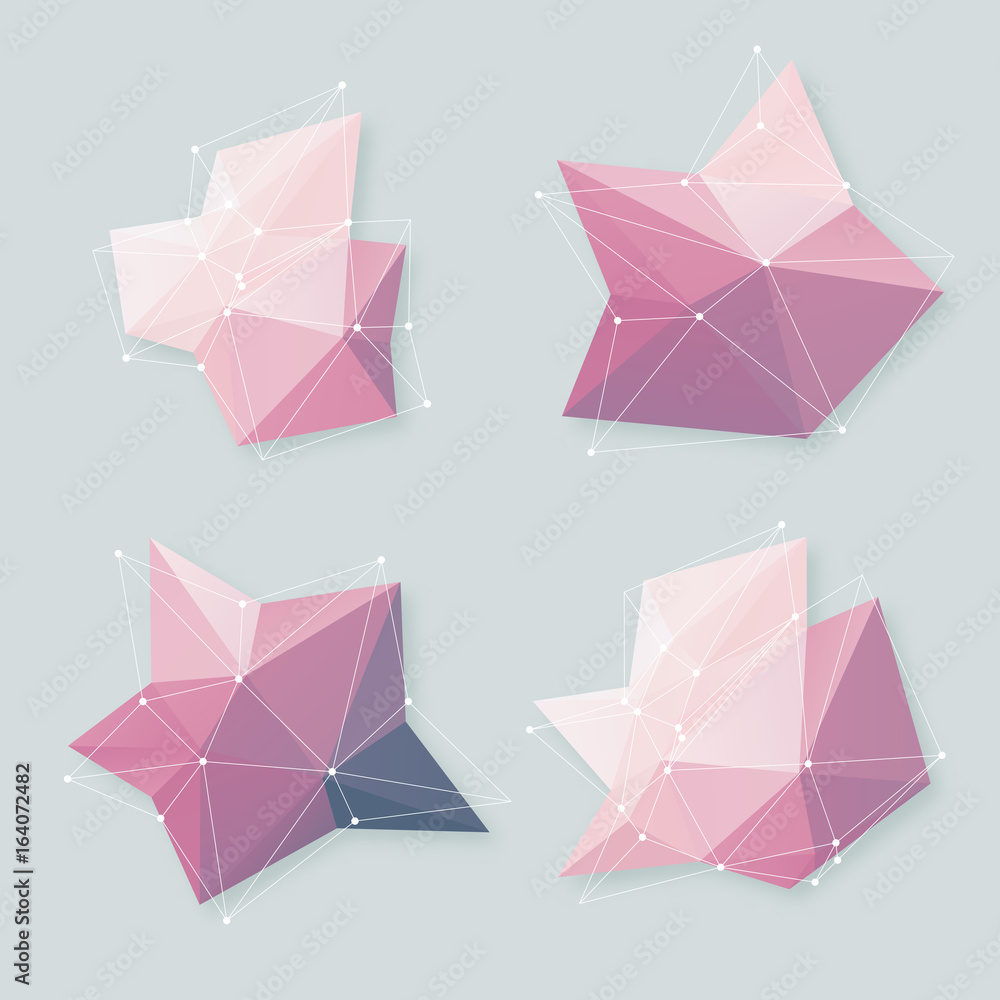 Poster high quality vector abstract pink low polygonal shapes with white wireframe design elements