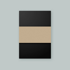 Black paperback vector notebook mockup template with stylish kraft paper dust jacket wrapper