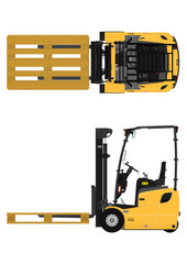 The plan view three-wheeled counterbalance forklift. Flat vector.