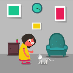 Young girl playing with home cat robot. Robotics technology concept illustration vector.