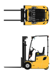 The plan view three-wheeled counterbalance forklift. Flat vector.