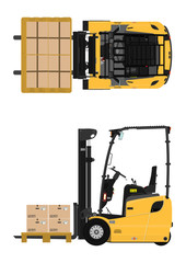 Naklejka premium Plan and side view o fthree-wheeled counterbalance forklift. Vector.