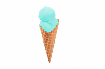 Pistachio ice cream cone on white background.