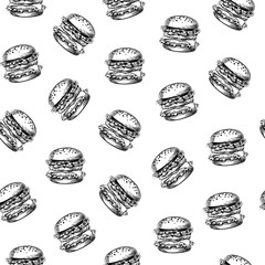 Seamless Pattern, Hand drawing graphic sketch with Hamburger, grilled Beef Burger, Fast Food Meal Snack. Applicable for Wrapping Paper, Placards, Posters, Leaflets, Banner, Food Truck Designs. Vector 