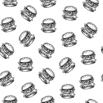 Seamless Pattern, Hand drawing graphic sketch with Hamburger, grilled Beef Burger, Fast Food Meal Snack. Applicable for Wrapping Paper, Placards, Posters, Leaflets, Banner, Food Truck Designs. Vector 