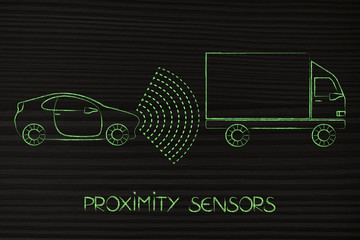 vehicle with sensors detecting proximity with truck in front of it
