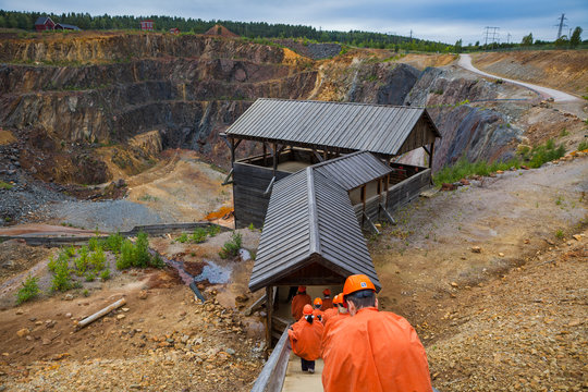 FALUN, SWEDEN - SEPTEMBER 20, 2016: Mining Area of the Great Copper Mountain - UNESCO World Heritage Site. People start excursion.