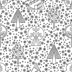 Vector hand drawn seamless pattern, decorative stylized black and white childish trees. Doodle sketch style, graphic illustration, background. Ornamental cute hand drawing. Line drawing.