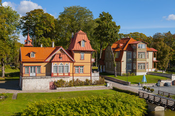 Cosy old wooden houses (luxury hotels) near Kuressaare castle. A view of Saaremaa island, Estonia.